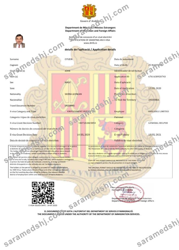 Andorra e-visa in Word and PDF template